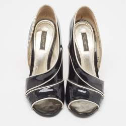 Pre Owned Dolce & Gabbana Black/Silver Patent and Leather Cut Out Peep Toe Pumps Size 37.5