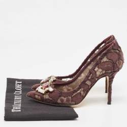 Pre Owned Dolce & Gabbana Brown Lace Crystal Embellished Pumps Size 36