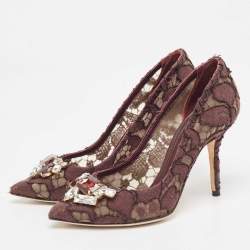 Pre Owned Dolce & Gabbana Brown Lace Crystal Embellished Pumps Size 36