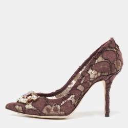 Pre Owned Dolce & Gabbana Brown Lace Crystal Embellished Pumps Size 36