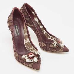 Pre Owned Dolce & Gabbana Brown Lace Crystal Embellished Pumps Size 36