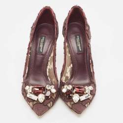 Pre Owned Dolce & Gabbana Brown Lace Crystal Embellished Pumps Size 36