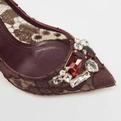 Pre Owned Dolce & Gabbana Brown Lace Crystal Embellished Pumps Size 36