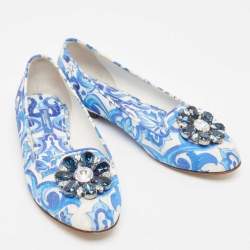 Dolce & Gabbana White/Blue Printed Fabric Taormina Ballet Flats Size 36