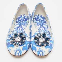 Dolce & Gabbana White/Blue Printed Fabric Taormina Ballet Flats Size 36