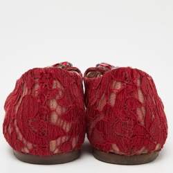 Pre Owned Dolce & Gabbana Red Lace Crystal Embellished Taormina Ballet Flats Size 38