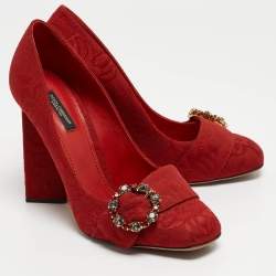 Pre Owned Dolce & Gabbana Red Brocade Fabric  Block Heel Pumps Size 40
