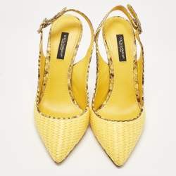 Pre Owned Dolce & Gabbana Yellow/Brown Woven Raffia and Python Slingback Pumps Size 37