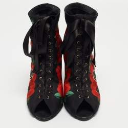 Pre Owned Dolce & Gabbana Black/Red Floral Print Stretch Fabric Peep Toe Ankle Booties Size 39