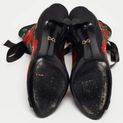Pre Owned Dolce & Gabbana Black/Red Floral Print Stretch Fabric Peep Toe Ankle Booties Size 39