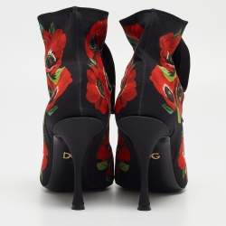Pre Owned Dolce & Gabbana Black/Red Floral Print Stretch Fabric Peep Toe Ankle Booties Size 39