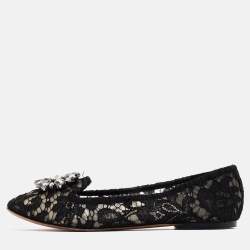 Pre Owned Dolce & Gabbana Black Lace Crystal Embellished Taormina Ballet Flats Size 40