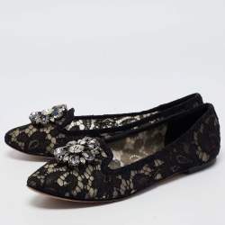 Pre Owned Dolce & Gabbana Black Lace Crystal Embellished Taormina Ballet Flats Size 40