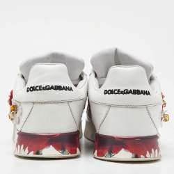 Pre Owned Dolce & Gabbana White Leather Flower Applique and Studded Portofino Sneakers Size 38