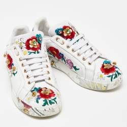 Pre Owned Dolce & Gabbana White Leather Flower Applique and Studded Portofino Sneakers Size 38