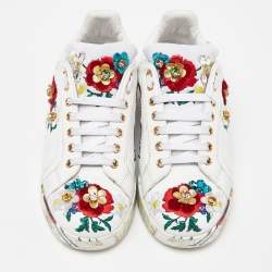 Pre Owned Dolce & Gabbana White Leather Flower Applique and Studded Portofino Sneakers Size 38