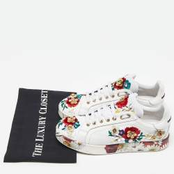 Pre Owned Dolce & Gabbana White Leather Flower Applique and Studded Portofino Sneakers Size 38