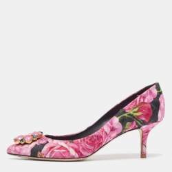 Pre Owned Dolce & Gabbana Pink Floral Canvas Crystal Embellished Bellucci Pumps Size 39
