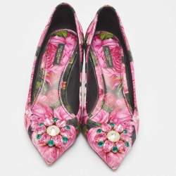 Pre Owned Dolce & Gabbana Pink Floral Canvas Crystal Embellished Bellucci Pumps Size 39