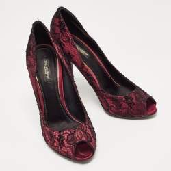 Pre Owned Dolce & Gabbana Burgundy/Black Lace and Mesh Peep Toe Pumps Size 38