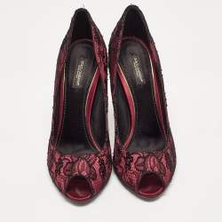 Pre Owned Dolce & Gabbana Burgundy/Black Lace and Mesh Peep Toe Pumps Size 38