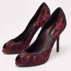 Pre Owned Dolce & Gabbana Burgundy/Black Lace and Mesh Peep Toe Pumps Size 38