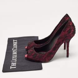 Pre Owned Dolce & Gabbana Burgundy/Black Lace and Mesh Peep Toe Pumps Size 38