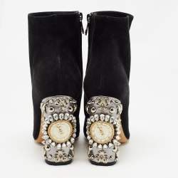 Dolce & Gabbana Black Suede Crystal Embellished Clock Heel Ankle Boots Size 38