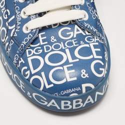 Pre Owned Dolce & Gabbana Blue Leather Logo Print Portofino Sneakers Size 37