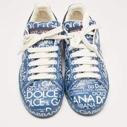 Pre Owned Dolce & Gabbana Blue Leather Logo Print Portofino Sneakers Size 37