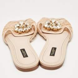 Pre Owned Dolce & Gabbana Beige Lace and Mesh Crystal Embellished Flat Slides Size 41