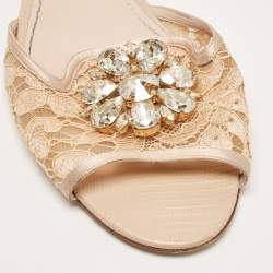 Pre Owned Dolce & Gabbana Beige Lace and Mesh Crystal Embellished Flat Slides Size 41