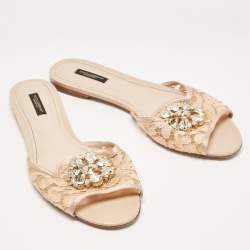 Pre Owned Dolce & Gabbana Beige Lace and Mesh Crystal Embellished Flat Slides Size 41