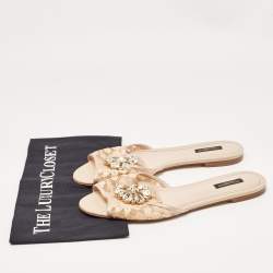 Pre Owned Dolce & Gabbana Beige Lace and Mesh Crystal Embellished Flat Slides Size 41