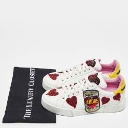 Dolce & Gabbana White/Red Leather Amore Heart Embroidered Low Top Sneakers Size 38.5