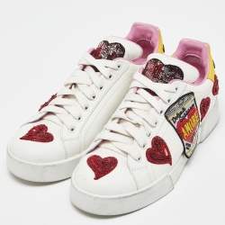 Pre Owned Dolce & Gabbana White/Red Leather Amore Heart Embroidered Low Top Sneakers Size 38.5