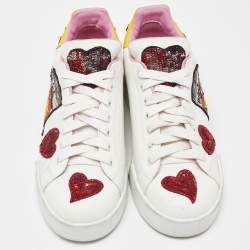 Dolce & Gabbana White/Red Leather Amore Heart Embroidered Low Top Sneakers Size 38.5