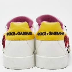 Pre Owned Dolce & Gabbana White/Red Leather Amore Heart Embroidered Low Top Sneakers Size 38.5