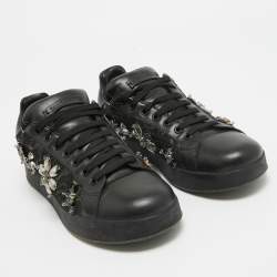 Pre Owned Dolce & Gabbana Black Leather Crystal Embellished Low Top Sneakers Size 39
