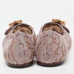 Pre Owned Dolce & Gabbana Pink Lace and Mesh Crystal Embellished Ballet Flats Size 37