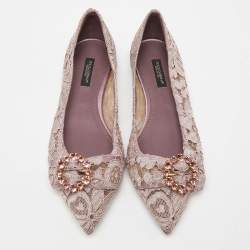 Pre Owned Dolce & Gabbana Pink Lace and Mesh Crystal Embellished Ballet Flats Size 37