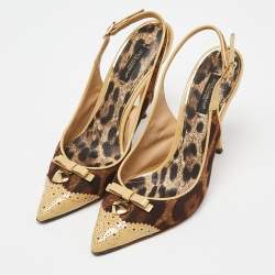 مملوكة مسبقًا Dolce & Gabbana Brown/Beige Leopard Print Canvas and Patent Leather Slingback Pumps Size 38