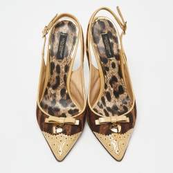مملوكة مسبقًا Dolce & Gabbana Brown/Beige Leopard Print Canvas and Patent Leather Slingback Pumps Size 38
