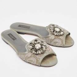 Dolce & Gabbana Grey Lace Bellucci Slide Flats Size 37