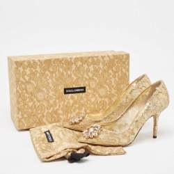 Pre Owned Dolce & Gabbana Gold Lace and Mesh Bellucci Pumps Size 38