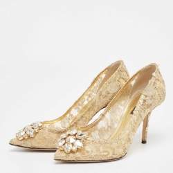 Pre Owned Dolce & Gabbana Gold Lace and Mesh Bellucci Pumps Size 38