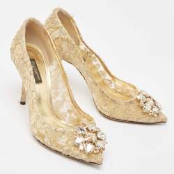 Pre Owned Dolce & Gabbana Gold Lace and Mesh Bellucci Pumps Size 38