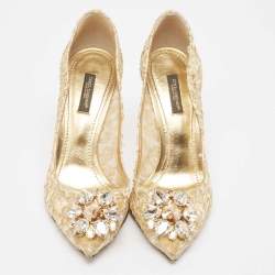 Pre Owned Dolce & Gabbana Gold Lace and Mesh Bellucci Pumps Size 38