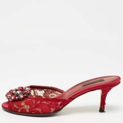 Pre Owned Dolce & Gabbana Red Mesh and Lace Bianca Sandals Size 38