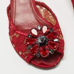 Pre Owned Dolce & Gabbana Red Mesh and Lace Bianca Sandals Size 38